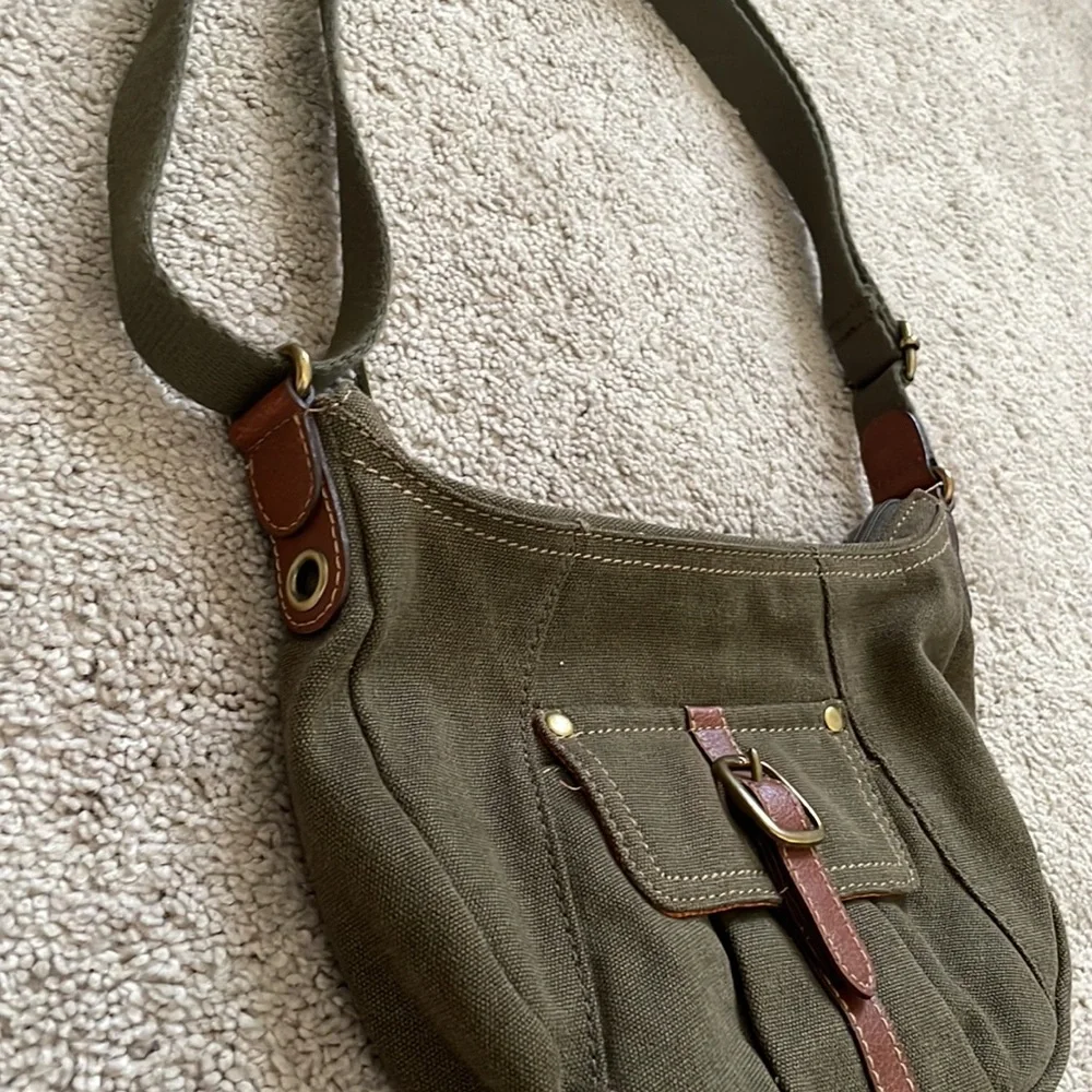 Fossil Olive Green Canvas Satchel with Brown Trim
